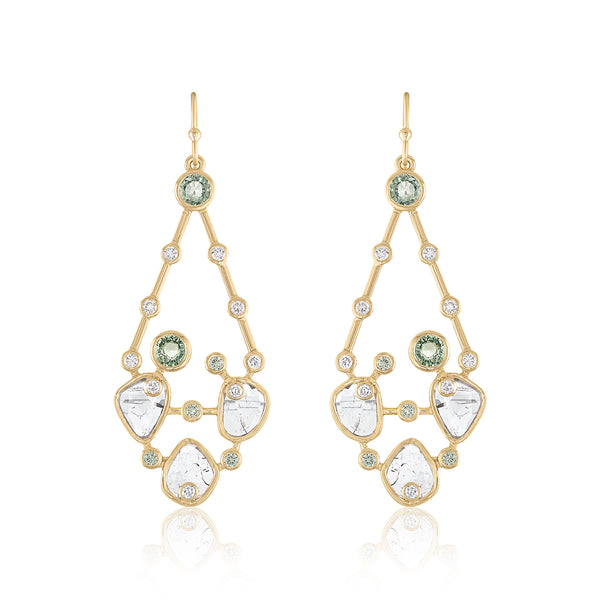 Diamond slice earrings with green sapphires and diamonds