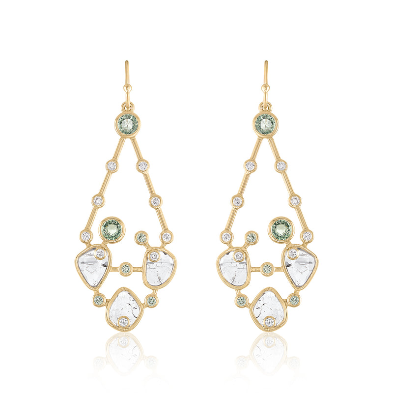 Diamond slice earrings with green sapphires and diamonds