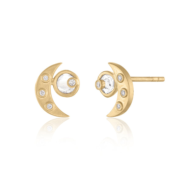 MOON STUD EARRINS IN BRUSHED 14K GOLD WITH DIAMONDS