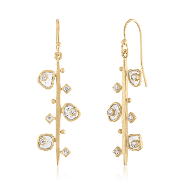 14K GOLD BRUSHED LINEAR EARRINGS WITH DIAMOND SLICES 