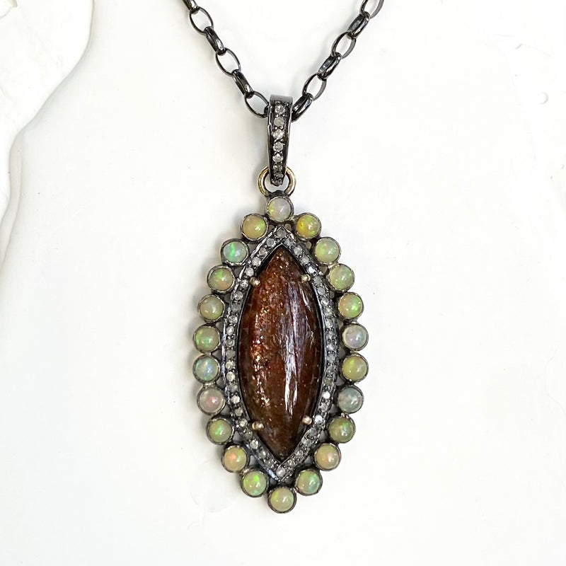 MARQUIS PENDANT WITH SUNSTONE, ETHIOPIAN OPALS AND DIAMONDS