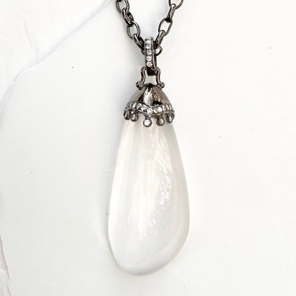 ONE-OF-A-KIND MOON QUARTZ DROP PENDANT WITH DIAMONDS