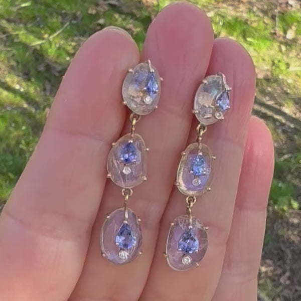 Moonstone and Tanzanite Cascade Earrings