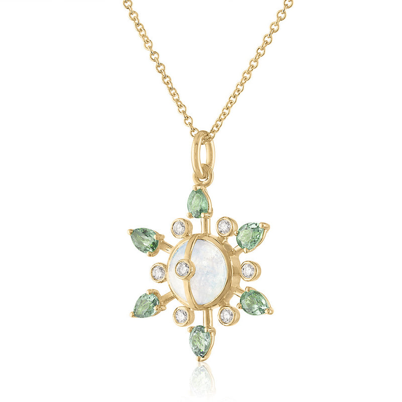 Moonstone pendant with green sapphires side view 