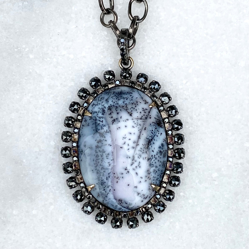DO NOT PUBLISH PENDANT WITH DENDRITE OPAL, BLACK SPINEL AND DIAMONDS