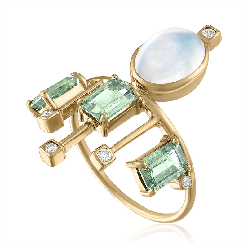 Side View Moonstone and sapphire Crown Ring