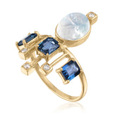 Crown ring with blue sapphire, diamonds and moonstone in 14K gold