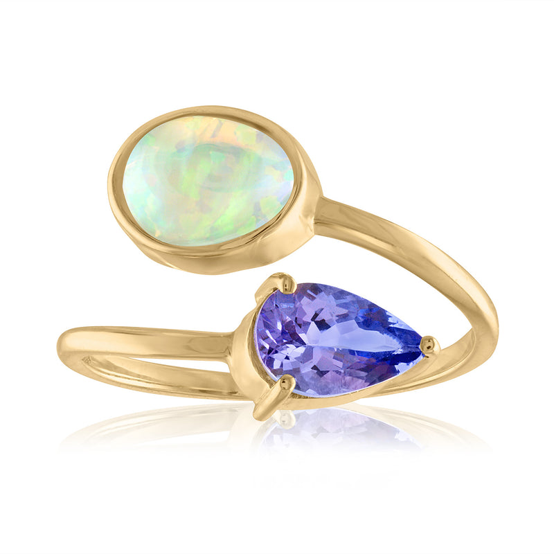 Opal and sapphire bypass one of a kind ring