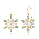 Moonstone earrings with diamonds and green sapphires