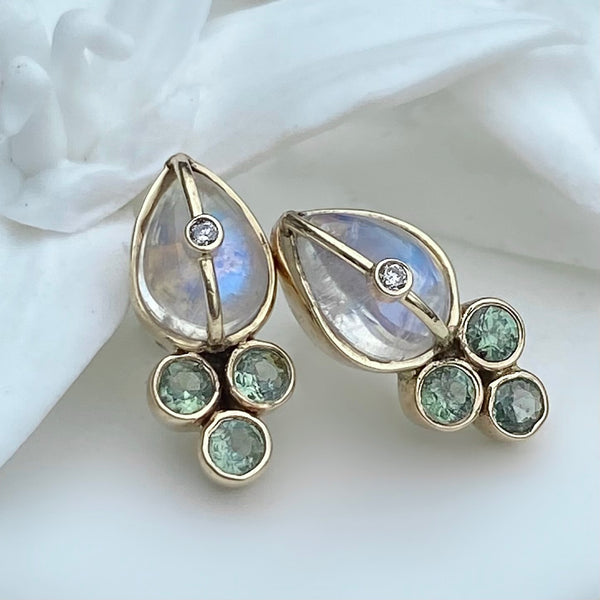 MOONSTONE AND GREEN SAPPHIRE STUD EARRINGS