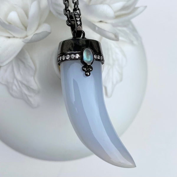CHALCEDONY HORN PENDANT WITH MOONSTONE AND DIAMONDS
