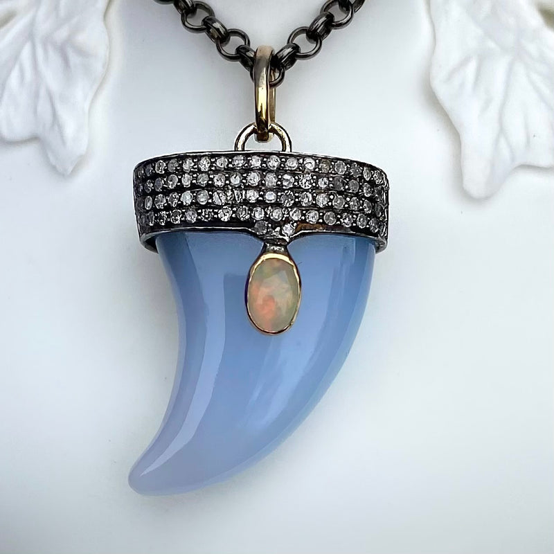 CHALCEDONY HORN WITH OPAL AND DIAMONDS