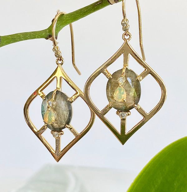 Lantern Shape Earrings with Labradorite and Ethiopian Opal