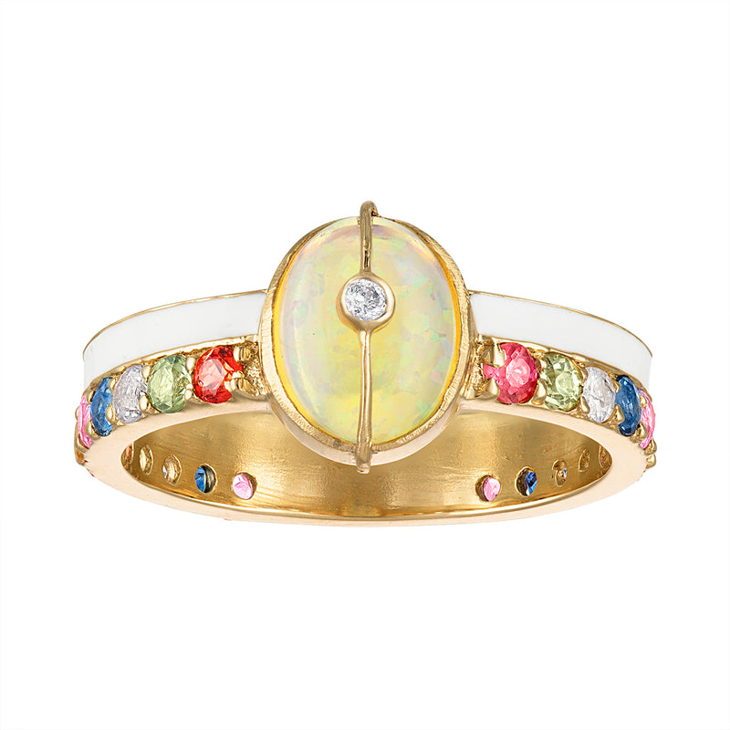 Unity Ring with Sapphires, White Enamel & Ethiopian Opal by LORIANN Jewelry