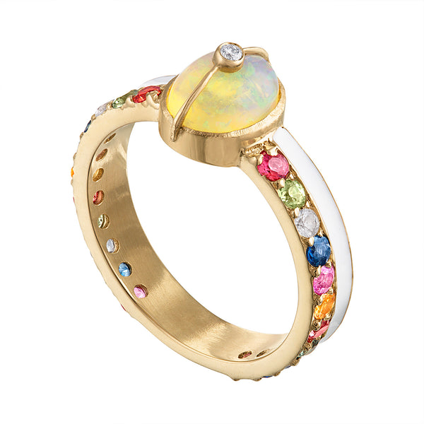 Unity Ring with Sapphires, White Enamel & Ethiopian Opal by LORIANN Jewelry