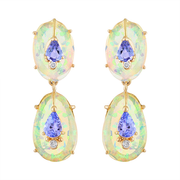 Double Drop Ethiopian Opal and Tanzanite Earrings