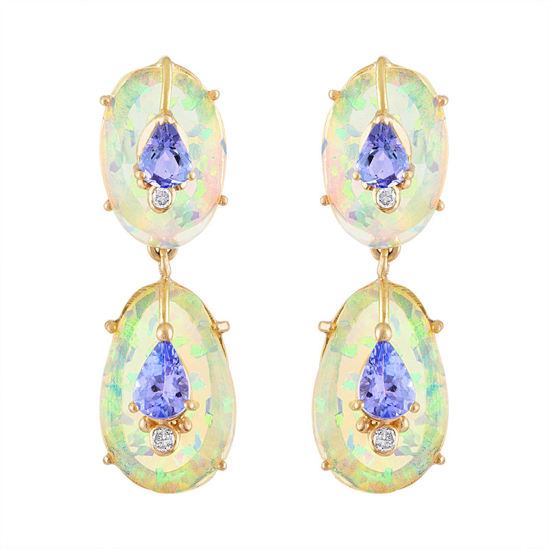 Double Drop Ethiopian Opal and Tanzanite Earrings