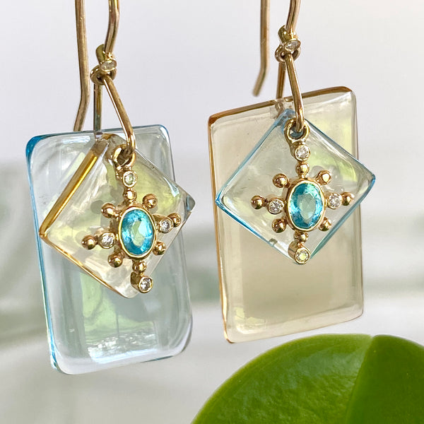 BLUE TOPAZ, YELLOW CITRINE AND APATITE SLICE EARRINGS