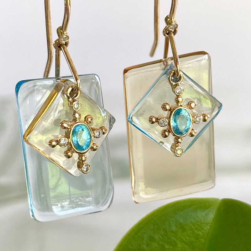 BLUE TOPAZ, YELLOW CITRINE AND APATITE SLICE EARRINGS