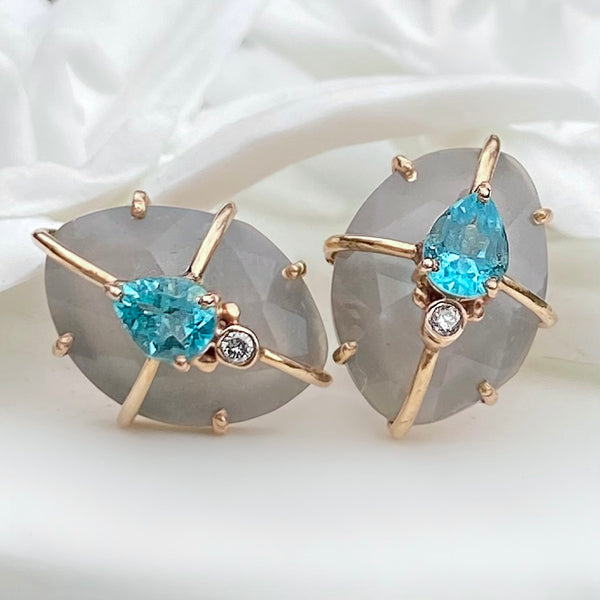 Gray Moonstone and Apatite Caged Earrings
