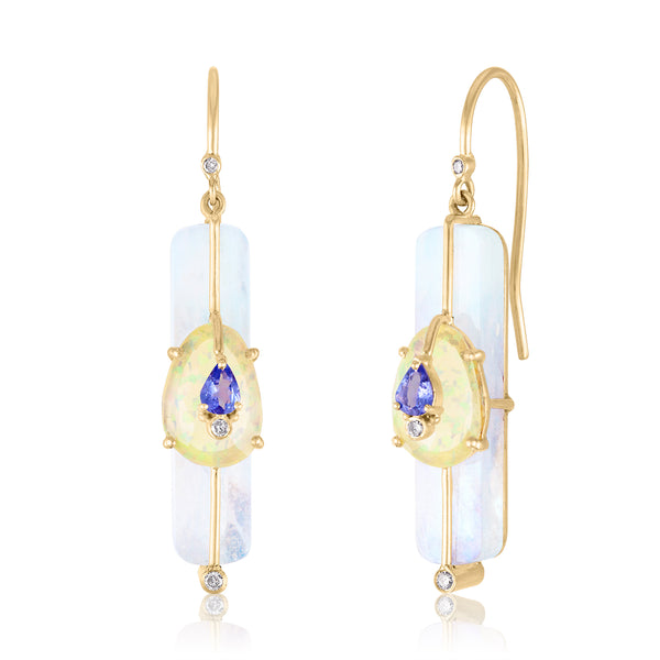 Earrings with Moonstone, Ethiopian Opals and Tanzanite