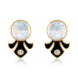 Moonstone stud earrings with black enamel and diamond