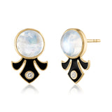 Stud earrings with moonstones, diamond and black enamel in 14K gold 