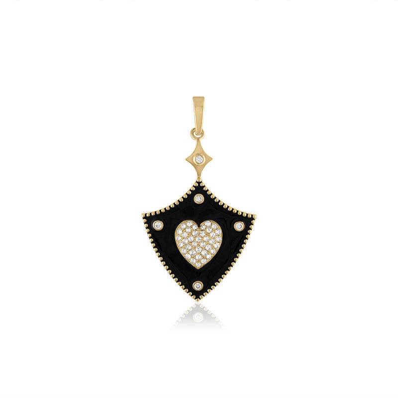 Diamond heart and black enamel shield pendant 