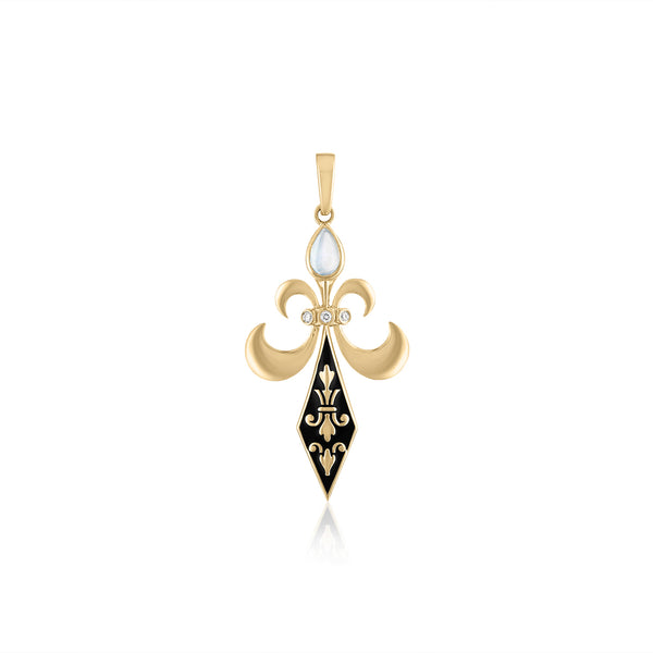fleur de lis enamel pendant with moonstone and diamonds