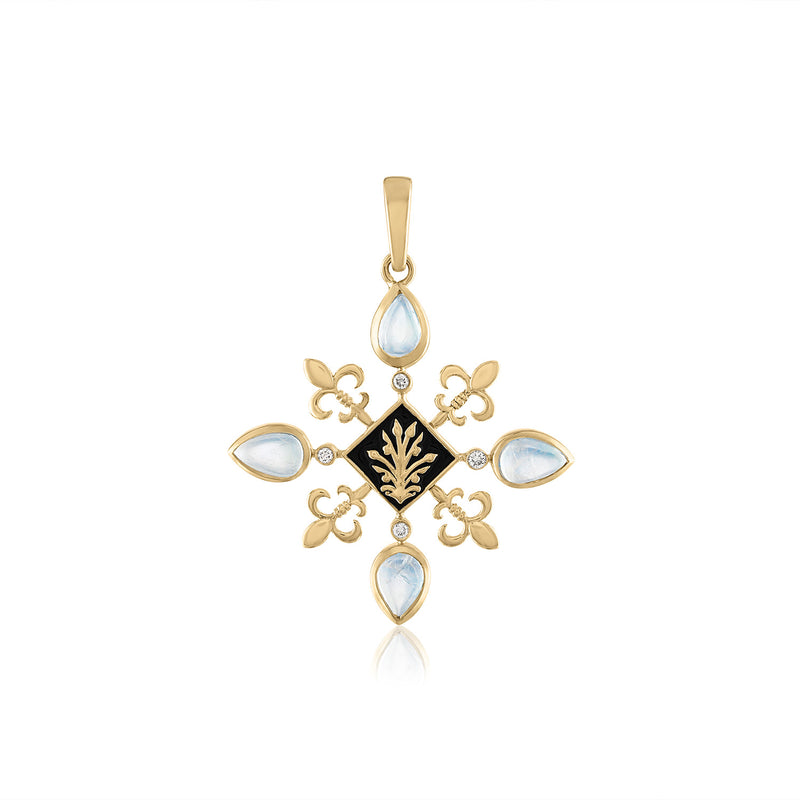 fleur de lis pendant in 14k gold with moonstones and enamel shield 