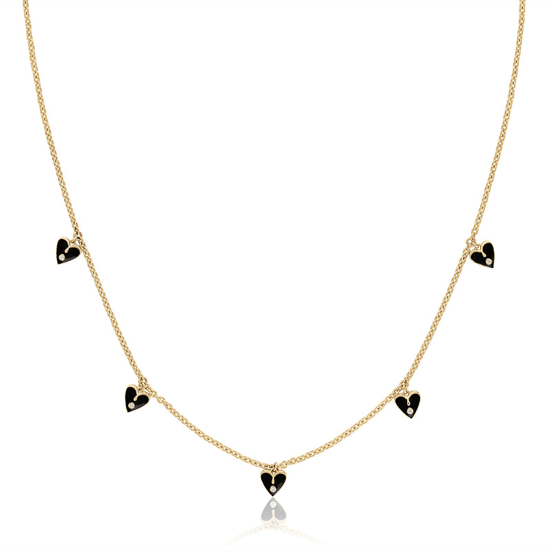 Black enamel with diamond heart charm necklace in 14K gold 