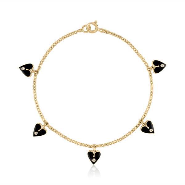 Black enamel heart and diamond charm bracelet on 14K gold 