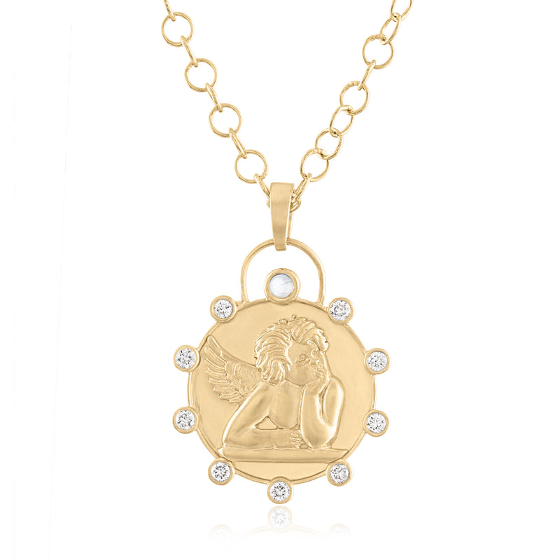 Cherub pendant in 14k gold with bezel set diamonds