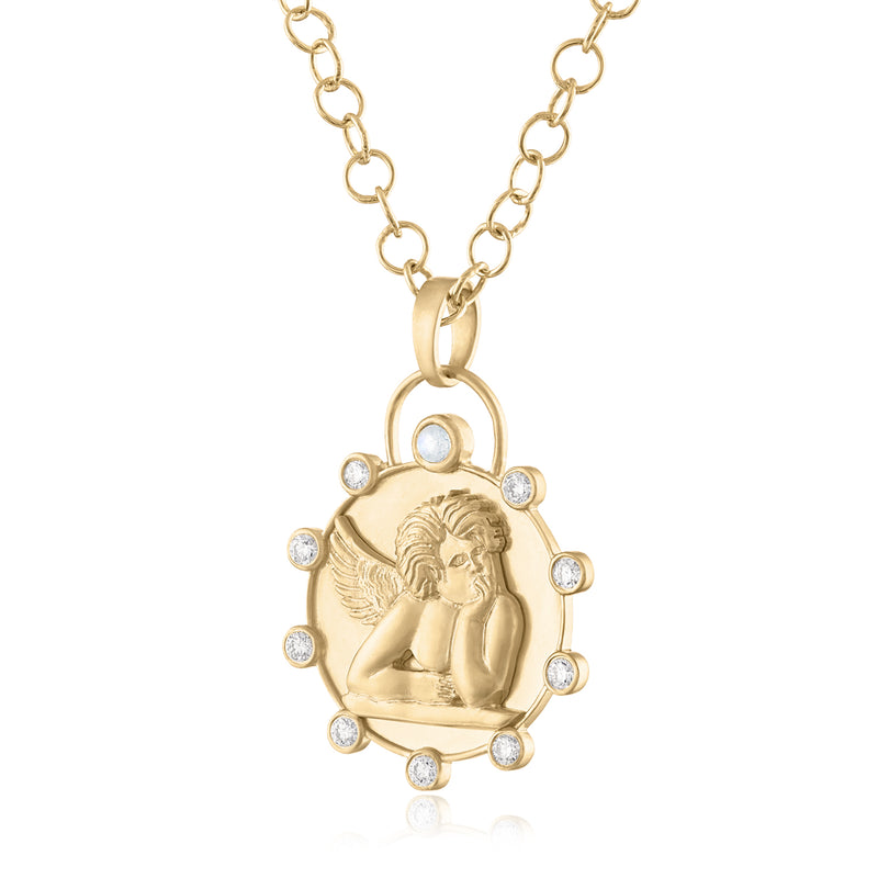14K gold angel pendant with a surround of bezel set white diamonds