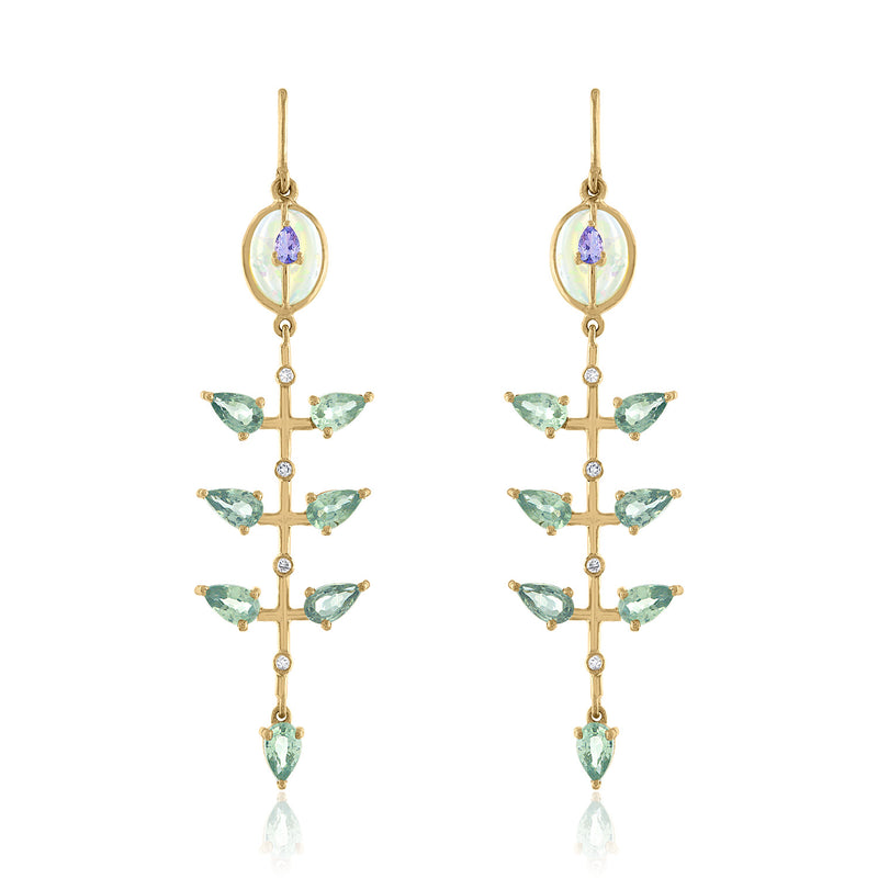 Opal, Tanzanite and Green Sapphire Dangle Earrings