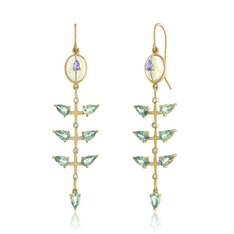 Opal Dangle Earrings with Green Sapphires and tanzanite
