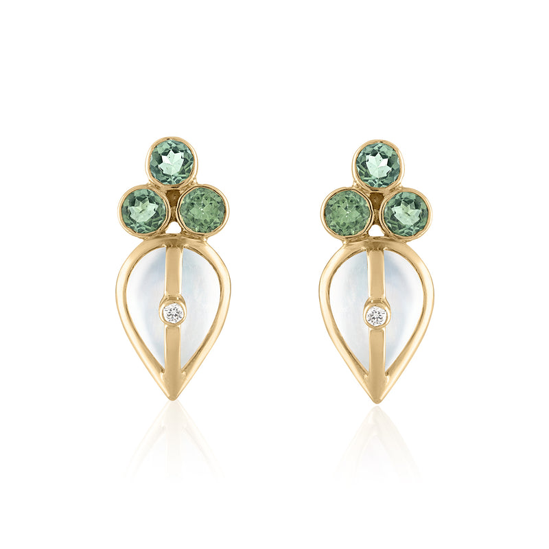 Moonstone and Green Sapphire Stud Earrings