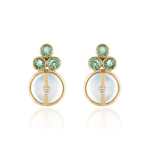 Moonstone Studs with Green Sapphires and Diamonds