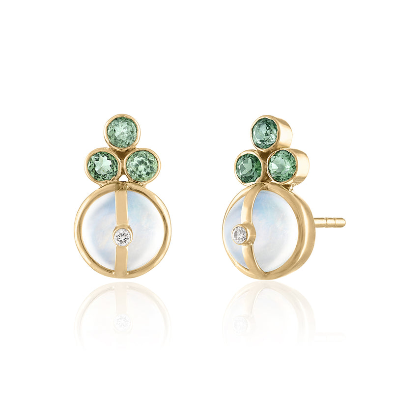 Clover Moonstone and Green Sapphire Stud Earrings