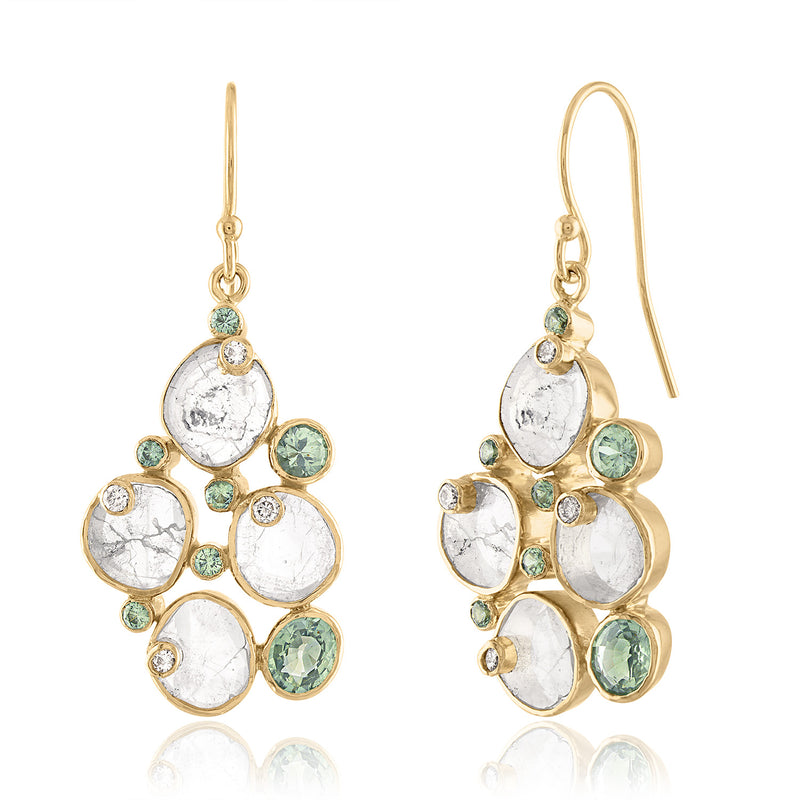 Earrings with diamond slices and green sapphires set in 14K gold