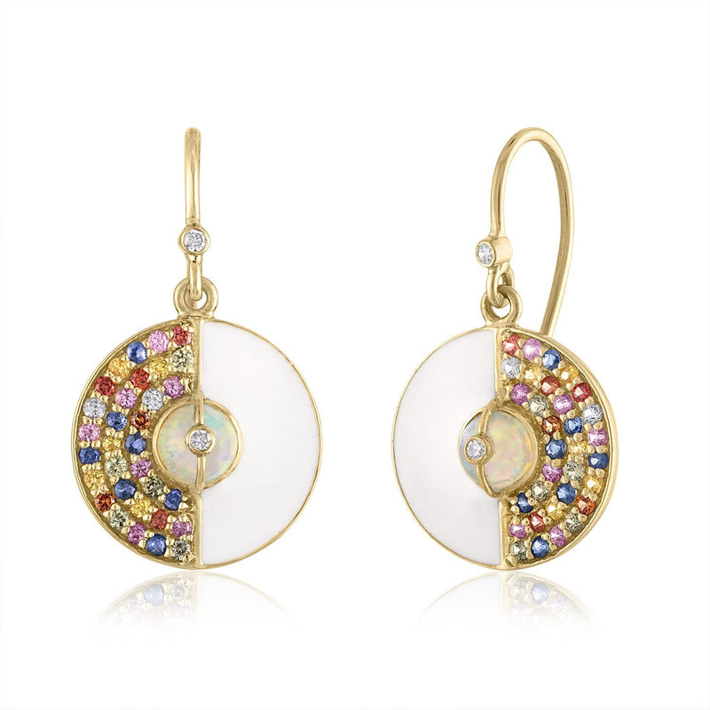 Unity Earrings with Sapphires, White Enamel & Ethiopian Opal by LORIANN Jewelry