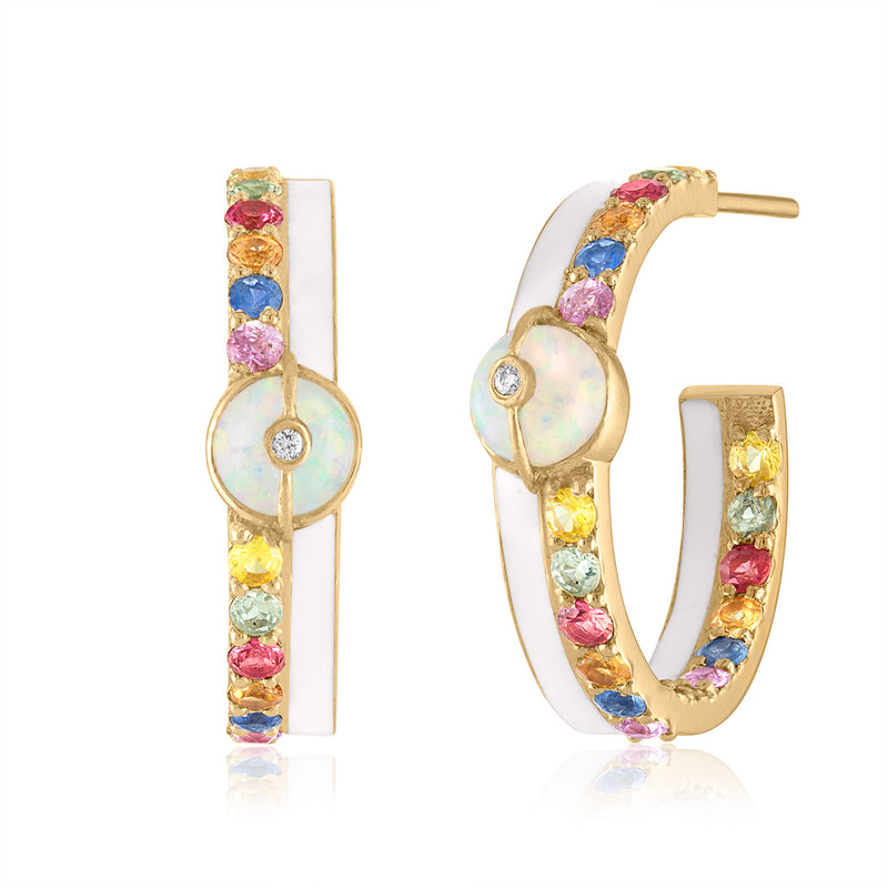 Unity Hoop Earrings with Sapphires, White Enamel & Ethiopian Opal by LORIANN Jewelry