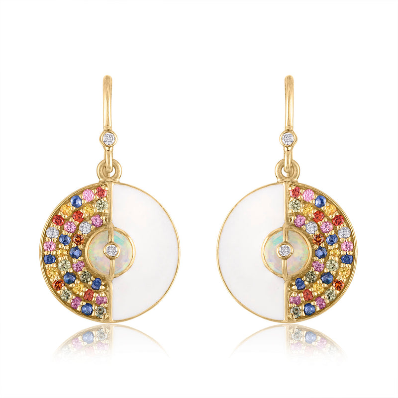 Unity Earrings with Sapphires, White Enamel & Ethiopian Opal by LORIANN Jewelry