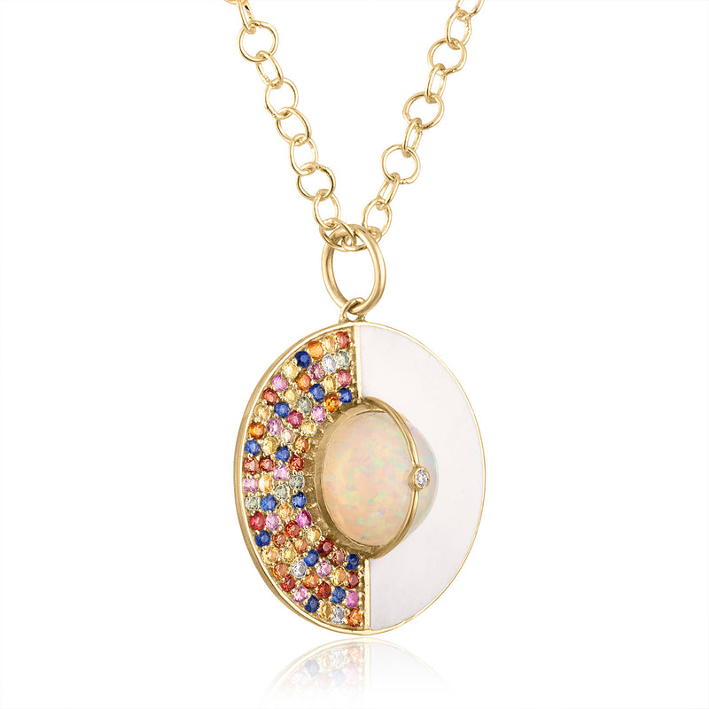 Unity Pendant Necklace with Sapphires, White Enamel & Ethiopian Opal by LORIANN Jewelry