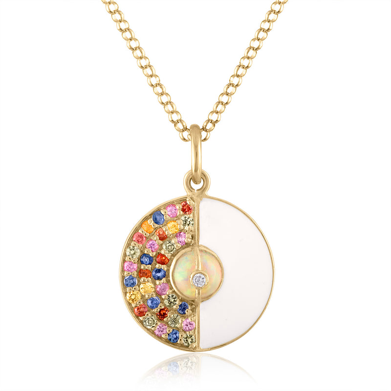 Unity Small Pendant Necklace with Sapphires, White Enamel & Ethiopian Opal by LORIANN Jewelry
