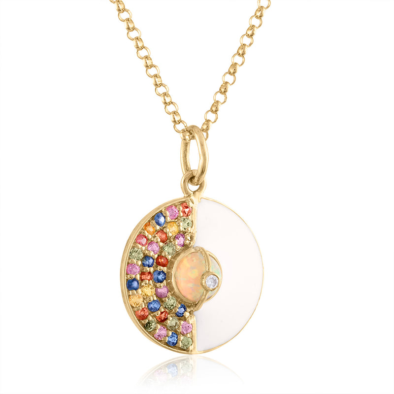 Unity Small Pendant Necklace with Sapphires, White Enamel & Ethiopian Opal by LORIANN Jewelry