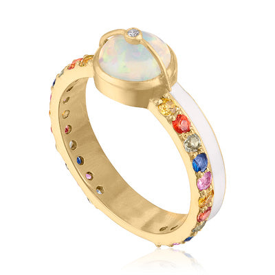 Unity Ring with Sapphires, White Enamel & Ethiopian Opal