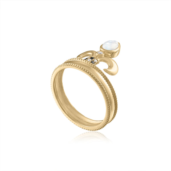 Fleur de lis band ring with moonstone and diamonds
