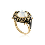 Moonstone statement ring with gold scrolling in 14K gold 
