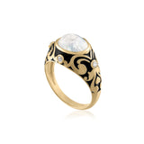Moonstone and black enamel ring with gold scrolling